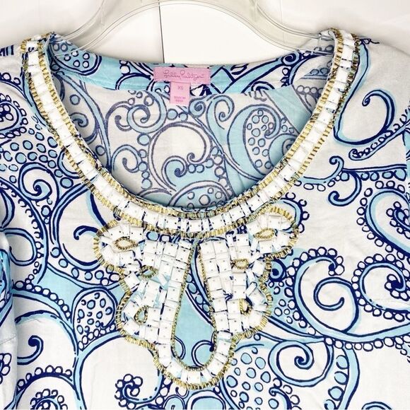 Lilly Pulitzer Sarah Beaded Tunic Dress Spa Blue Shape Up Ship Out XS Coastal - Picture 3 of 7